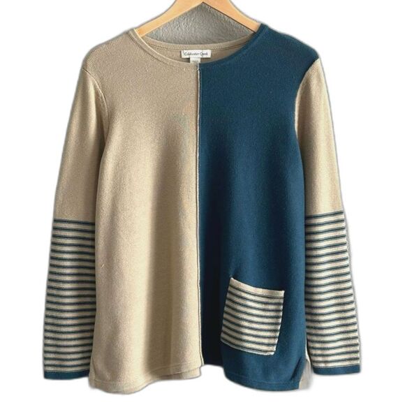 Coldwater Creek Knit Sweater Cream Blue Striped Pullover Size 1X Color Block Top - Picture 1 of 8